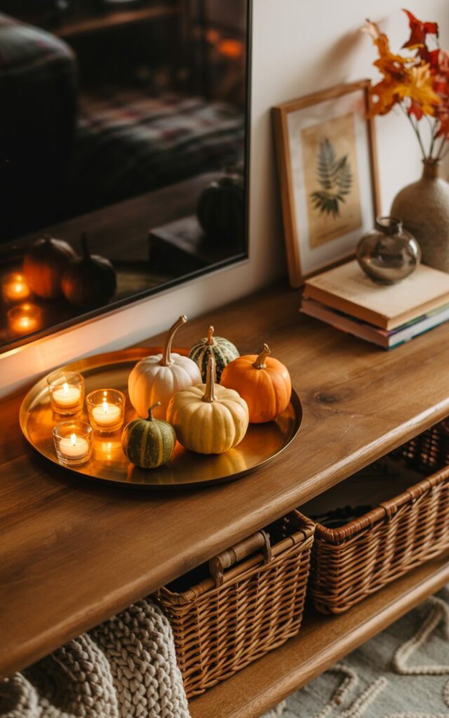 A photograph of a rustic wooden TV console decorated with warm autumn elements, featuring a vintage brass tray holding 4-5 mini gourds in cream, burnt orange, and sage green alongside flickering tea lights in clear glass holders. The candlelight creates a golden glow across the brass surface, illuminating nearby stacked leather-bound books, a small ceramic vase filled with dried maple leaves, and a vintage botanical print casually leaning against the wall. Below the mounted television, woven rattan baskets and chunky knit throws are arranged on the lower shelf, while the entire scene is bathed in soft, warm lighting that emphasizes the rich wood grain and earthy neutral tones. The overall atmosphere captures the essence of a cozy autumn evening in a lived-in rustic home.