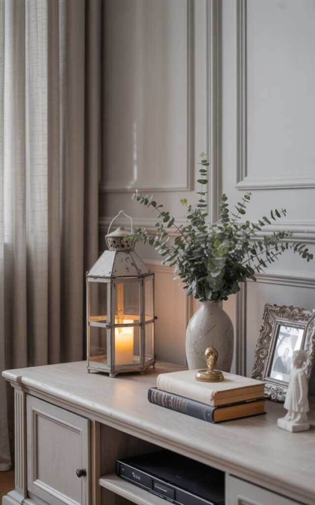 A photograph of a serene Gustavian-style living room showcasing a refined palette of soft whites, dove grays, and delicate blush pastels. On a light-painted wooden TV console with gently distressed finish, a rustic wrought-iron lantern houses a flickering candle that casts warm golden light, positioned beside an elegant ceramic vase filled with silvery-green eucalyptus branches. Completing the carefully curated vignette are weathered leather-bound books stacked thoughtfully, a delicate porcelain figurine, and an ornate carved picture frame, all arranged with understated sophistication. The backdrop reveals classic paneled walls with elegant crown molding and flowing linen curtains that filter soft natural daylight, creating a timeless atmosphere of calm elegance that perfectly marries rustic charm with Scandinavian refinement.