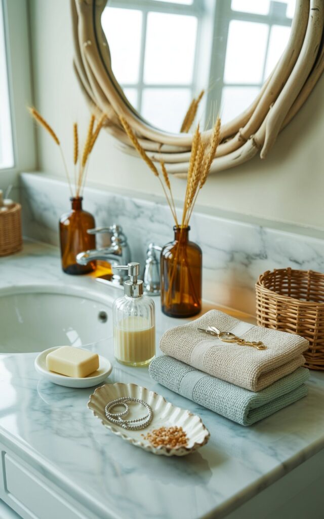 A photograph of a serene coastal-style bathroom counter featuring light marble surfaces bathed in soft, diffused natural light streaming through nearby windows. On the counter, two to three amber glass bottles filled with dried wheat stems create warm focal points against the cool palette, positioned alongside a pristine white ceramic soap dish, a clear glass dispenser with creamy liquid soap, and neatly folded linen hand towels in soft beige and seafoam green. A small weathered seashell tray holds delicate jewelry and coarse sea salt, while a woven rattan basket adds natural texture from the corner of the scene. Above the arrangement, a round mirror framed in smooth driftwood reflects the gentle lighting, completing this sophisticated blend of seaside freshness and rustic autumn warmth.