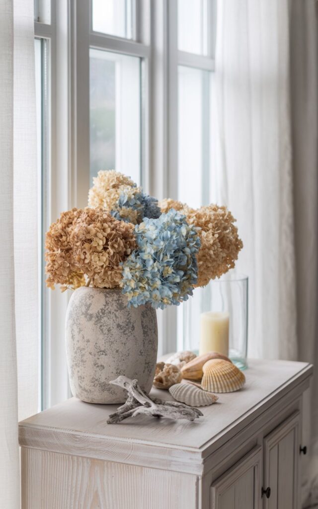 A photograph of a serene coastal-style interior featuring a light whitewashed wooden sideboard positioned beneath tall windows with flowing white curtains. Atop the sideboard, a textured stone vase in weathered gray holds an elegant arrangement of dried hydrangeas in soft, muted tones of cream, pale blue, and sandy beige, their papery petals creating delicate shadows. The arrangement is complemented by carefully placed coastal accents including a small piece of bleached driftwood, a collection of smooth white and tan seashells, and a clear glass hurricane candle holder. Soft, diffused natural light streams through the windows, illuminating the organic textures of the stone vase and dried blooms while casting gentle shadows across the whitewashed wood surface, creating an airy and elegant atmosphere that captures the relaxed essence of coastal living.