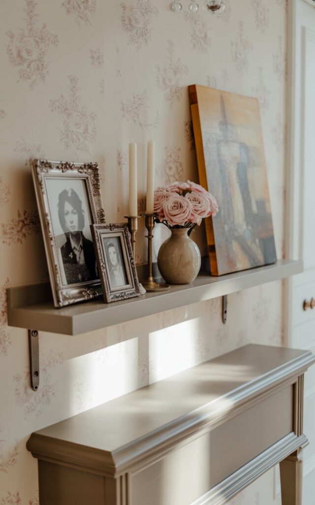 A photograph of a floating ledge in a shabby chic and Victorian-style hallway, displaying a curated collection of decorative items. The ledge showcases two ornate, antique silver photo frames containing black and white portraits, alongside two ivory candles in brass holders, a small ceramic vase holding a bouquet of blush pink roses, and two lean canvases featuring abstract paintings in muted earth tones. Below the ledge is a sleek, dark wood console table with elegant crown molding and vintage-style sconces casting a soft, diffused light upon the pastel floral-patterned wallpaper, creating a romantic and inviting atmosphere. The scene is captured with a straight view, emphasizing the ledge's charm and artistic flair.