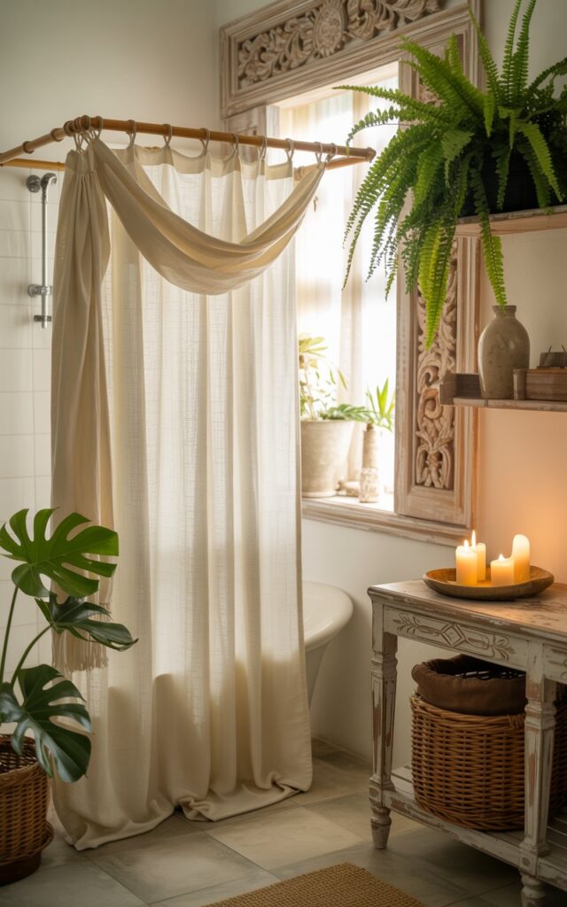 A photograph of a serene shabby chic and Balinese-style bathroom with whitewashed walls and weathered teak wood accents. A soft ivory linen scarf drapes elegantly over a bamboo shower rod, creating a romantic curtain topper above a flowing white cotton shower curtain. Carved wooden details frame a window that floods the space with warm, natural sunlight, while potted monstera and ferns cascade from woven rattan shelves. Flickering vanilla candles rest on distressed wood surfaces alongside handwoven baskets, creating a harmonious blend of vintage romance and tropical tranquility.
