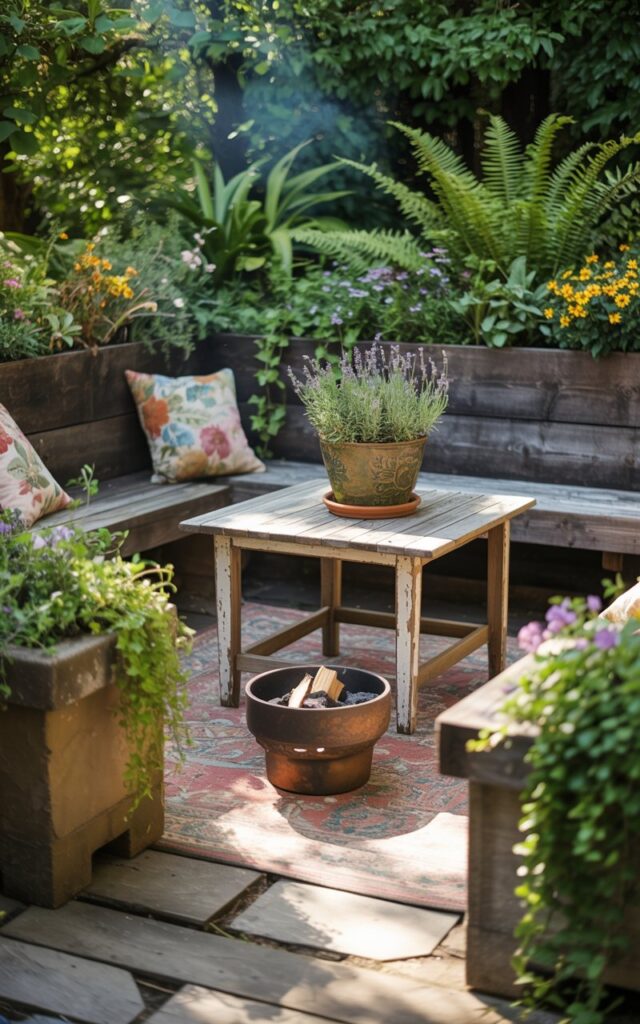 A photograph of a cozy patio nestled within a lush garden, defined by low, weathered concrete planters brimming with vibrant wildflowers, cascading ivy, and lush green ferns. A distressed wooden bistro table sits center, adorned with a soft, floral cushion and a vintage terracotta pot filled with lavender, while a small stone firepit glows warmly with embers nearby. The patio is grounded by a faded, patterned rug, and softened by the dappled sunlight filtering through the surrounding greenery, creating a relaxed and organically stylish atmosphere. Gentle morning light casts a warm glow across the scene, highlighting the textures of the wood and stone.