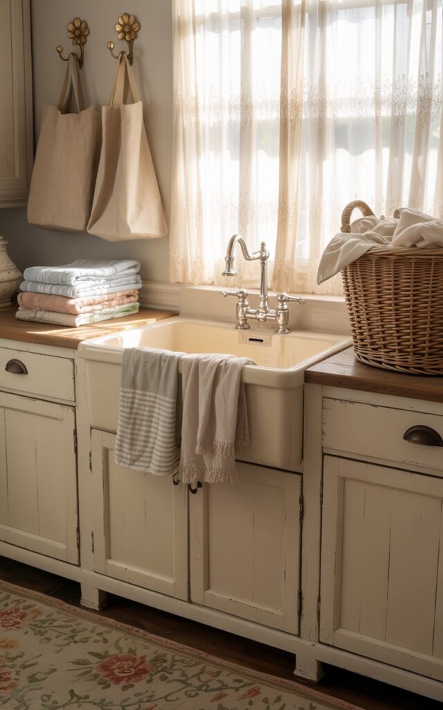 A photograph of a charming shabby chic laundry room bathed in soft natural light. A vintage farmhouse sink with brushed nickel hardware sits center stage, adorned with a stack of neatly folded linen towels in muted pastel shades. Distressed white cabinets flank the sink, showcasing brass floral hooks holding canvas laundry bags and a woven wicker basket overflowing with freshly laundered linens. Lace curtains gently diffuse the light, casting a warm glow across the floral-patterned rug and creating a cozy, inviting atmosphere.