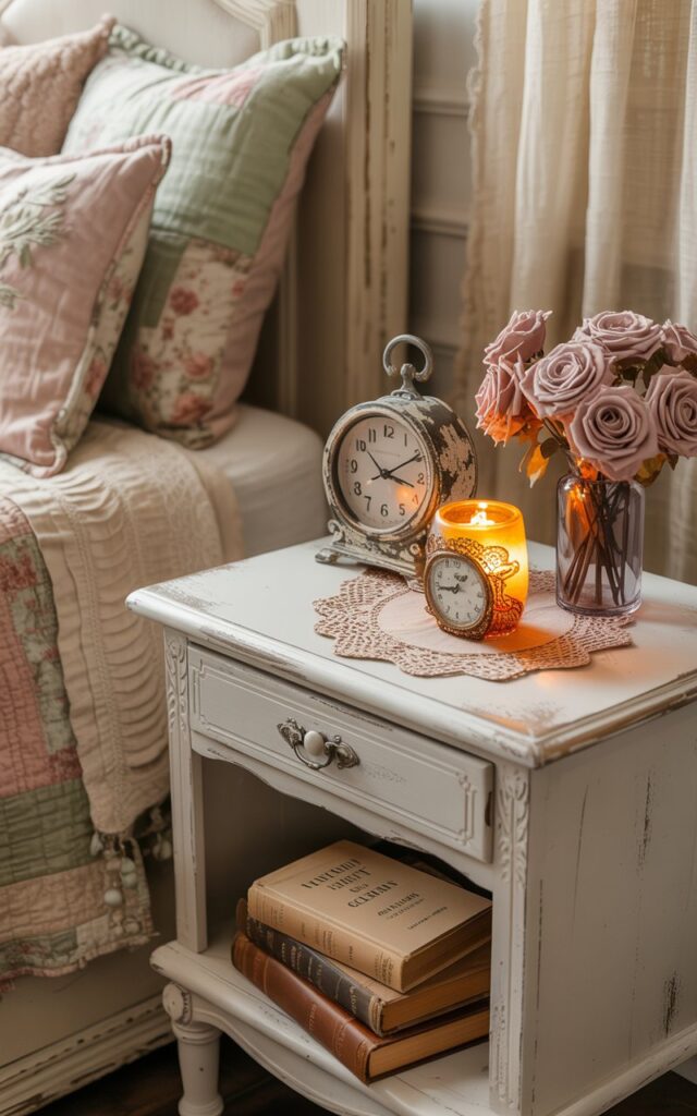 A dreamy shabby chic bedroom photograph showcasing a whitewashed nightstand with delicate vintage charm and romantic, weathered details. The small bedside table holds a distressed metal vintage clock alongside a softly glowing fall-scented candle in an ornate ceramic holder, its warm amber light dancing across a lace-trimmed doily and a tiny glass vase filled with dusty pink dried roses. A stack of leather-bound books with faded gold lettering rests beside these treasures, while the nearby bed displays layers of ruffled ivory linens, faded floral throw pillows in sage green and blush pink, and a patchwork quilt in muted pastels. The entire scene is bathed in golden hour sunlight filtering through sheer curtains, creating soft shadows and highlights that emphasize the nostalgic, effortlessly elegant atmosphere of this timeworn sanctuary.
