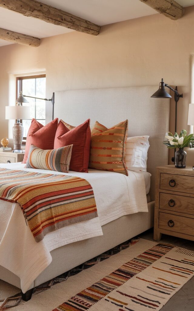 A southwestern-traditional bedroom showcasing a neatly made bed layered with 3-4 patterned pillows in complementary bright and earthy tones, adding depth and texture. The room includes all essential furniture and functional elements, such as a wooden nightstand, dresser, and practical lighting. Warm terracotta and neutral colors, rustic wood accents, textured rugs, and subtle decorative touches create a cozy yet functional space. High-resolution, realistic interior design, southwestern-traditional style bedroom. Natural light is soft.