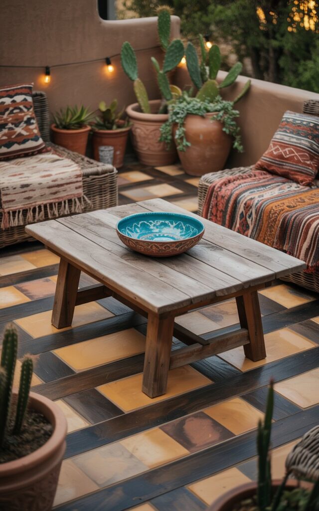A photograph showcases a cozy southwestern patio centered around a rustic wooden coffee table adorned with a vibrant turquoise ceramic bowl. The table sits atop intricately patterned flooring of alternating dark wood and warm sandstone tiles, highlighted by the afternoon sun. Around the table, woven rugs in earthy tones and textured throws create a comfortable seating area with patterned cushions, while terracotta pots overflowing with prickly pear cacti and trailing succulents frame the scene. Soft, warm string lights are strung across the patio, casting gentle shadows and adding a welcoming glow to the outdoor living space.