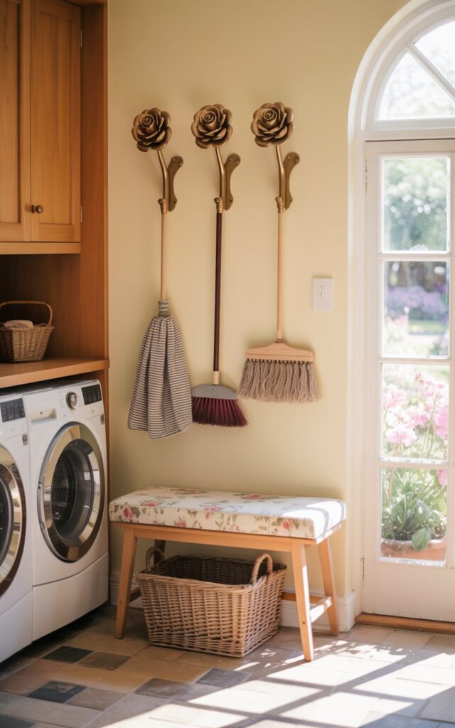 A photograph of a charming cottagecore-style laundry room bathed in soft, diffused sunlight. Three brass hooks shaped like blossoming roses are mounted on a pale cream wall, gracefully holding a striped mop, a dark wooden broom, and a second mop with a linen handle. Below, a simple wooden bench with a floral-patterned cushion sits adjacent to a woven seagrass basket tucked neatly underneath, while a side-by-side washer and dryer are framed by light oak cabinetry above. The room features rustic tiled flooring and a large, arched window revealing a glimpse of a flower-filled garden beyond.