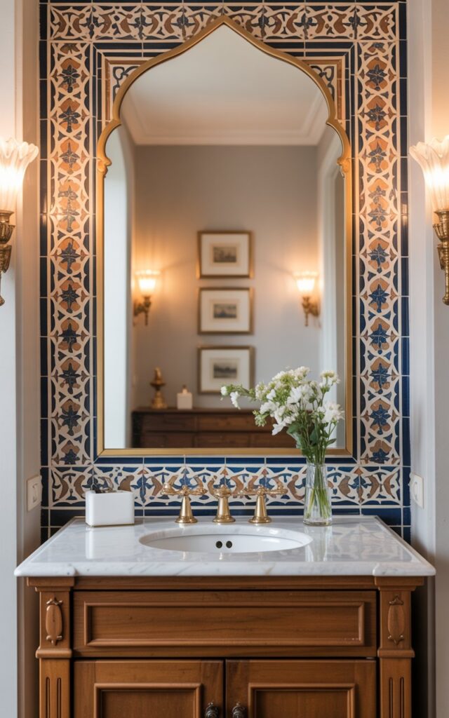 A photograph of an elegant traditional powder room showcasing a stunning Moroccan-style peel-and-stick tile border positioned directly behind a classic wooden vanity sink. The rich wooden cabinet features a pristine marble countertop topped with gleaming brass faucets, while an graceful arched mirror reflects the room's refined details. The intricate tile border displays mesmerizing geometric patterns in deep cobalt blue, warm terracotta, and creamy ivory tones, creating a striking contrast against soft neutral walls. Warm golden light from flanking wall sconces bathes the space in an inviting glow, illuminating framed artwork, a delicate vase of fresh white flowers, and the room's timeless architectural elements.