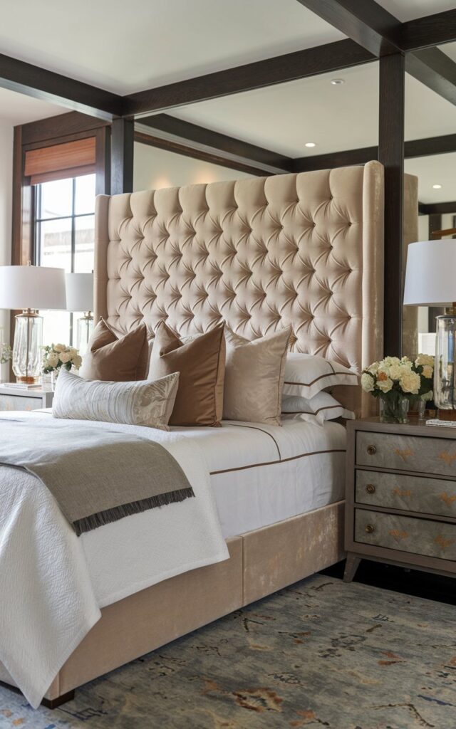 A photo of a transitional-posh Craftsman bedroom with a luxurious upholstered velvet headboard featuring golden button tufts. The bed is styled with a few pillows in neutral and rich tones, complemented by nightstands, classic wood accents, and a floor rug. Soft ambient lighting highlights the textures of the velvet and surrounding furnishings, creating a cozy yet sophisticated atmosphere.