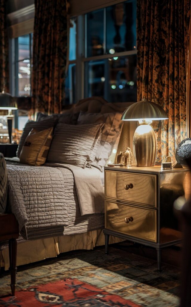 A photo of a vintage bedroom at night with metallic accents. The room has a brass drawer knob on the nightstand and a silverish-gold lamp casting a warm glow. The bed is layered with textured bedding. There are wooden nightstands, vintage rugs, and classic decorative elements in the room. The soft, ambient lighting highlights the metallic details, adding sophistication and charm to the cozy, lived-in space.