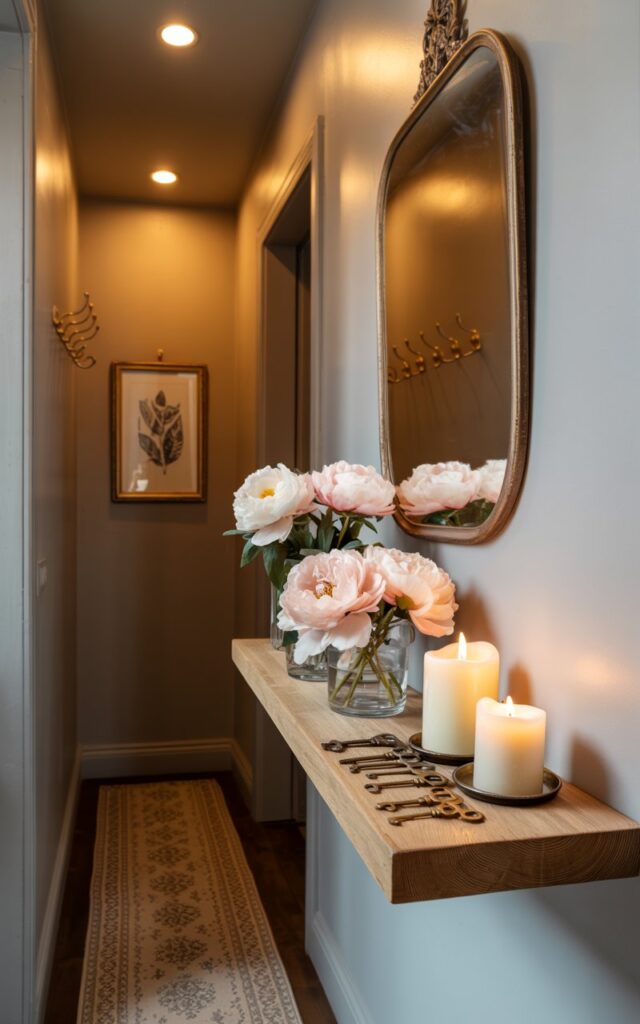 A photograph of a narrow hallway bathed in the warm glow of recessed lighting. A floating console shelf, crafted from aged oak wood, is mounted on the wall, displaying a collection of antique brass keys, ivory candles, and a small vase filled with blush pink peonies. Beneath the shelf, a patterned runner with a subtle damask design extends towards a vintage-style mirror hung on the opposite wall, alongside a framed black and white botanical print. The hallway features soft grey walls and subtle brass hooks, creating a chic and inviting space.