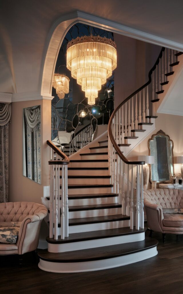 A photo of a vintage and chic style living room at night. There is a staircase illuminated by a stunning statement chandelier. The chandelier has cascading crystals and warm golden light, casting a soft, romantic glow over the steps. The staircase features dark wood treads, white risers, and an ornate railing with delicate detailing. The living room blends vintage charm—antique mirrors, tufted furniture, and floral patterns—with chic accents like metallic décor and elegant drapery, creating a dreamy, sophisticated nighttime ambiance.