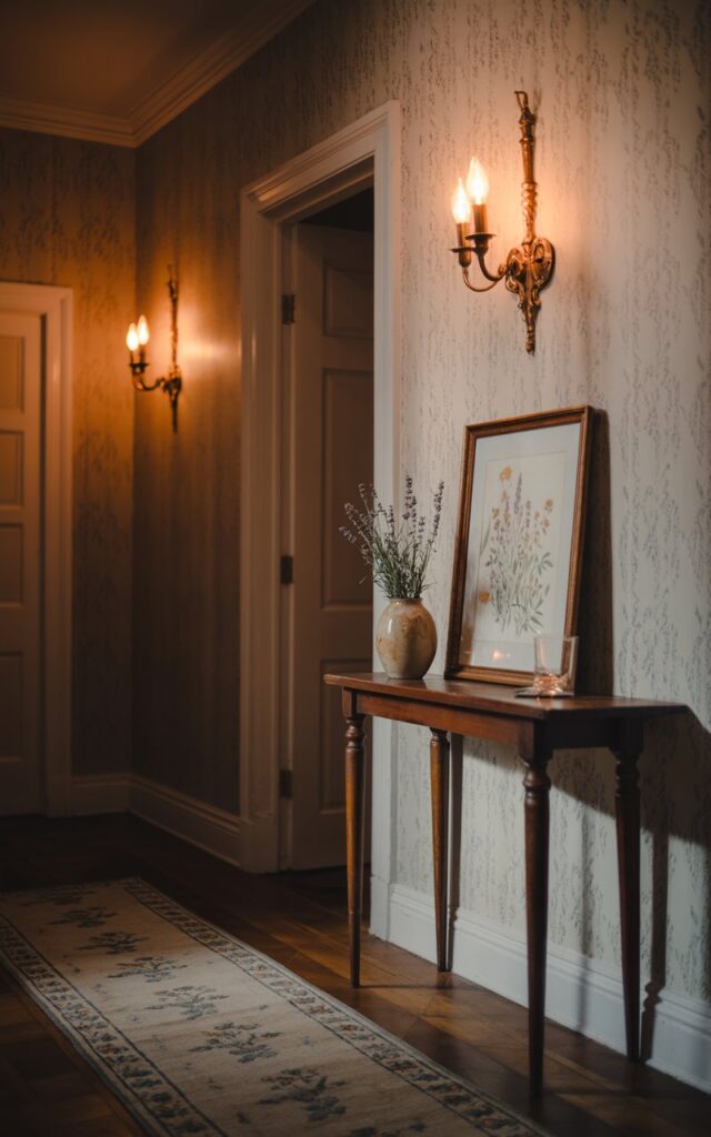 A photograph of a charming cottagecore hallway bathed in the warm glow of vintage wall sconces. Two antique brass sconces, each with a flickering amber bulb, illuminate the aged wooden floor and the textured wallpaper adorned with a delicate floral pattern. A narrow, worn runner rug with faded botanical motifs stretches down the hallway, leading to a slim, dark wood console table displaying a ceramic vase with sprigs of lavender and a framed watercolor painting of wildflowers. Soft shadows deepen the corners of the hallway, emphasizing the cozy and inviting ambiance.