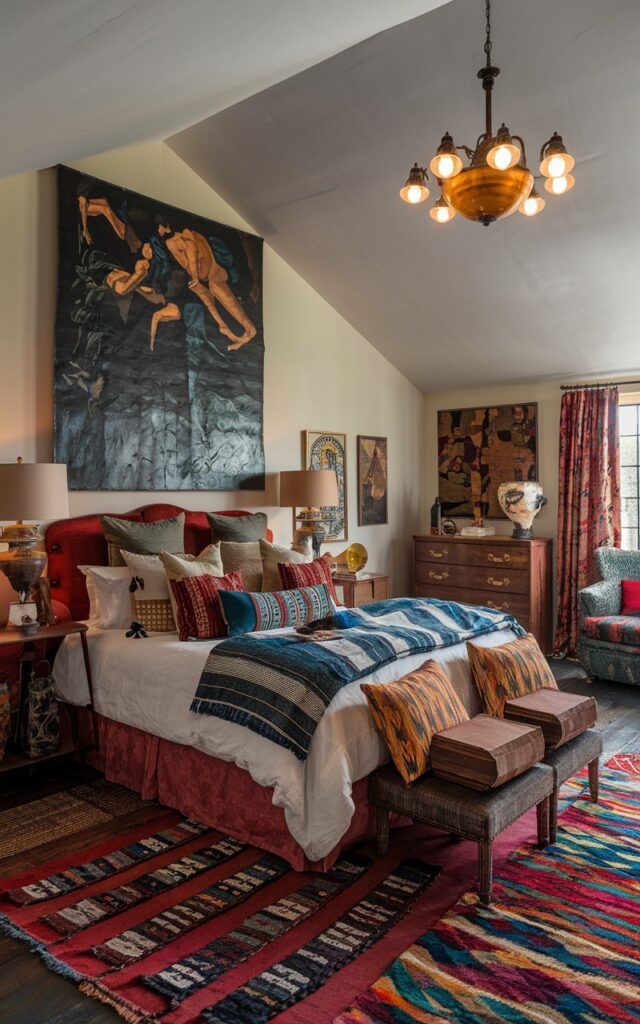 A photo of a vintage-maximalist bedroom with a vaulted ceiling. An oversized piece of art is boldly hung above the headboard, serving as the room's focal point. The bed is styled with layered textiles, patterned pillows, and a mix of rich fabrics. The room is filled with eclectic vintage furniture, decorative objects, and colorful rugs, creating a vibrant and curated atmosphere. A vintage chandelier glows warm light.