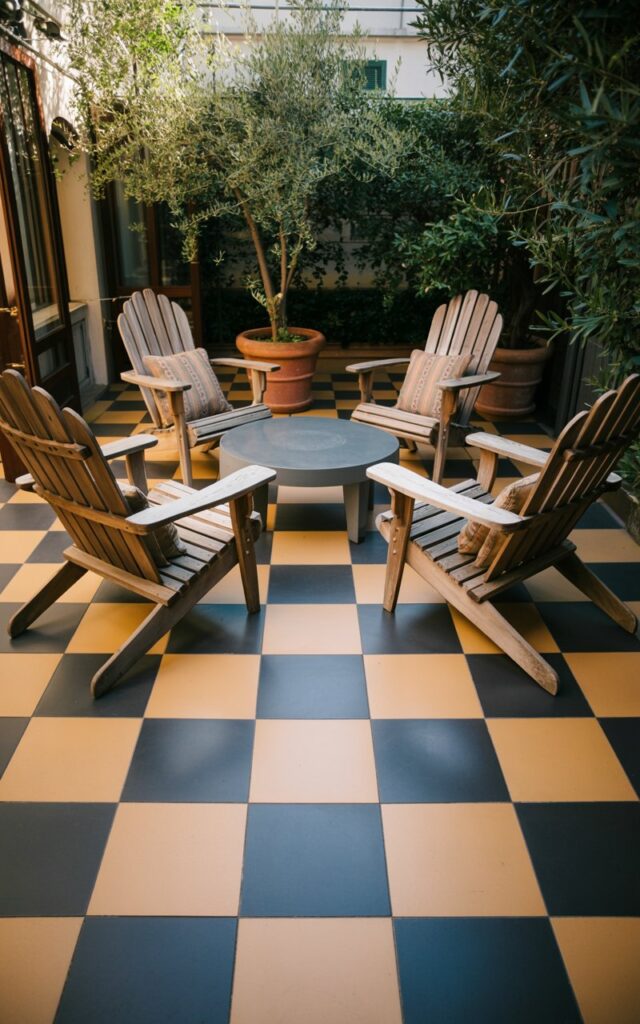 A photograph of a charming vintage backyard patio, centered around a striking checkerboard tile floor. The checkerboard pattern is composed of alternating squares of creamy beige and deep charcoal gray, catching the soft morning light and creating geometric shadows. Classic wooden Adirondack chairs with woven patterned cushions are arranged around a low circular coffee table, each chair facing towards the center of the patio with potted olive trees positioned in the background. Gentle morning light streams through the foliage, casting warm highlights on the tiles and furniture, and creating a peaceful, inviting atmosphere.