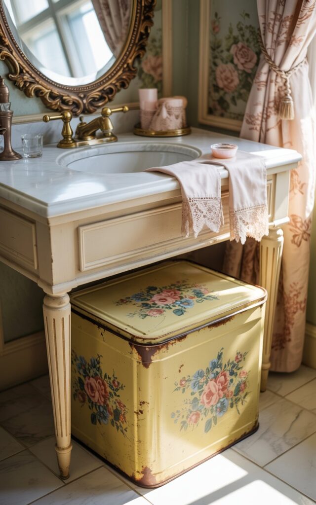 A vintage-style bathroom photograph showcasing an elegant vanity with a hand-painted cream wooden base and pristine white marble countertop adorned with polished brass fixtures. The charming focal point is a weathered tin container with faded pink and blue floral motifs tucked beneath the vanity, repurposed to discreetly store cleaning supplies while displaying its original honey-colored patina and gentle rust spots along the edges. An ornate oval mirror with an intricately gilded baroque frame reflects soft morning light streaming through delicate lace curtains, while pale rose-patterned wallpaper and ivory lace-trimmed hand towels add romantic touches. The gentle natural illumination creates warm, golden shadows that lovingly emphasize the tin's vintage character and the bathroom's cozy, thoughtfully curated aesthetic with nostalgic charm.