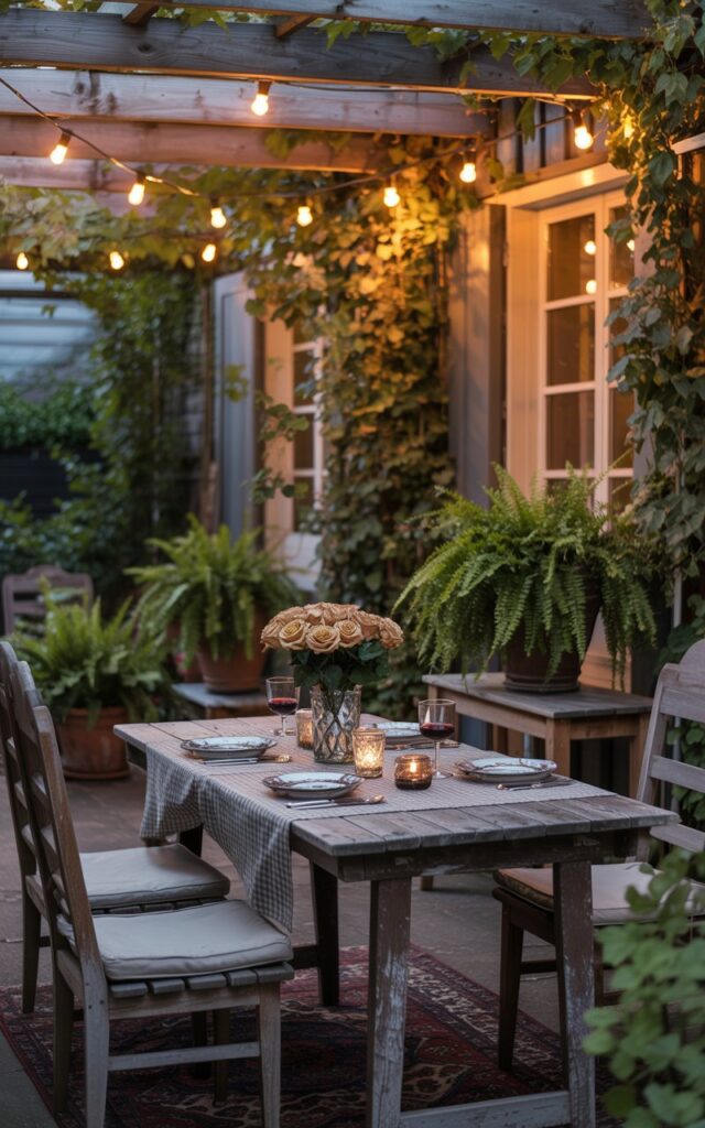 A photograph of a vintage-style patio at dusk, featuring a weathered wooden dining table as the central focus. The table is adorned with a checkered tablecloth and set with antique china and silverware, alongside a vase holding a bouquet of faded roses. String lights illuminate the scene, casting a warm golden glow over the distressed furniture, potted ferns, and a Persian-style rug, all framed by a wooden pergola overflowing with climbing ivy. The soft light filters through the pergola creating a nostalgic and inviting ambiance perfect for an evening gathering, with a single glass of red wine sitting on the table.