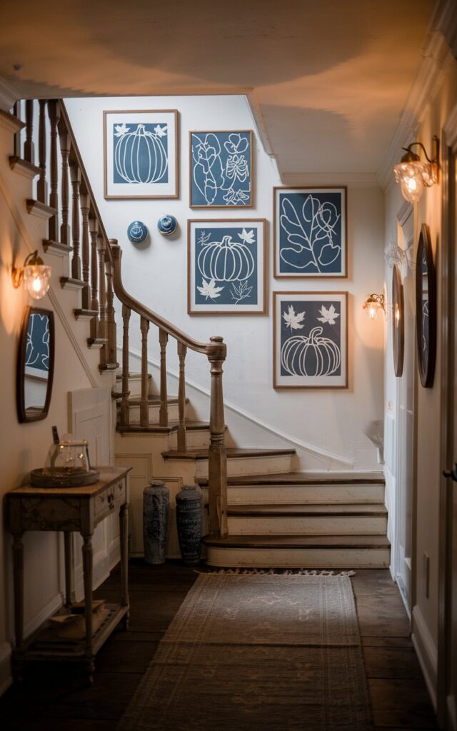 A vintage-style hallway with a classic staircase. The staircase has wooden railings and worn-in steps. Along the staircase wall, there are 3-4 blue-and-white autumn-themed prints, including pumpkins, leaves, and abstract patterns. The prints are framed and arranged in a visually pleasing gallery layout. The hallway is decorated with vintage touches like an antique console table, a small rug, and soft ambient lighting from a wall sconce. The overall vibe is nostalgic, cozy, and artfully seasonal, blending classic charm with curated autumn style.