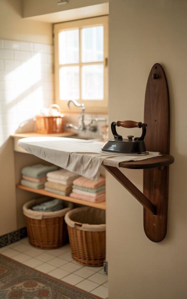A photograph of a vintage wall-mounted ironing board in a quaint laundry room. The dark wooden ironing board is extended, revealing a crisp, starched white linen cover, its handle resting gently on a nearby wooden support. Below the board, open shelves display neatly folded towels in soft pastel hues and woven laundry baskets, with a patterned rug softening the tiled floor. Soft, diffused sunlight filters through a small, paned window, casting a warm glow on the room’s retro charm and highlighting the gentle curvature of an antique washing machine in the background.