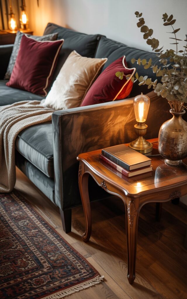 A vintage-style living room featuring a modern sofa with contrasting pillows, throws paired with an antique, sleek side table holding essentials like a small lamp, books, and a decorative vase. The room includes patterned rugs and warm ambient lighting. The combination of modern comfort and antique charm creates a lived-in, stylish, and nostalgic atmosphere.