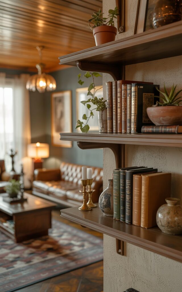 A close-up photograph of two elegantly styled floating wooden shelves mounted on a textured wall near a vintage living room's entertainment area. The shelves display a carefully curated collection of leather-bound books with worn spines, small terracotta planters with trailing ivy and succulents, vintage brass candlesticks, and ceramic pottery pieces in earthy tones. In the softly blurred background, a classic tufted sofa, geometric patterned rug in muted colors, and a rich wooden coffee table create depth and context. Warm ambient lighting from a brass pendant light fixture above illuminates the wood slat ceiling and casts gentle shadows across the shelves, highlighting the natural wood grain and creating a cozy, lived-in atmosphere.