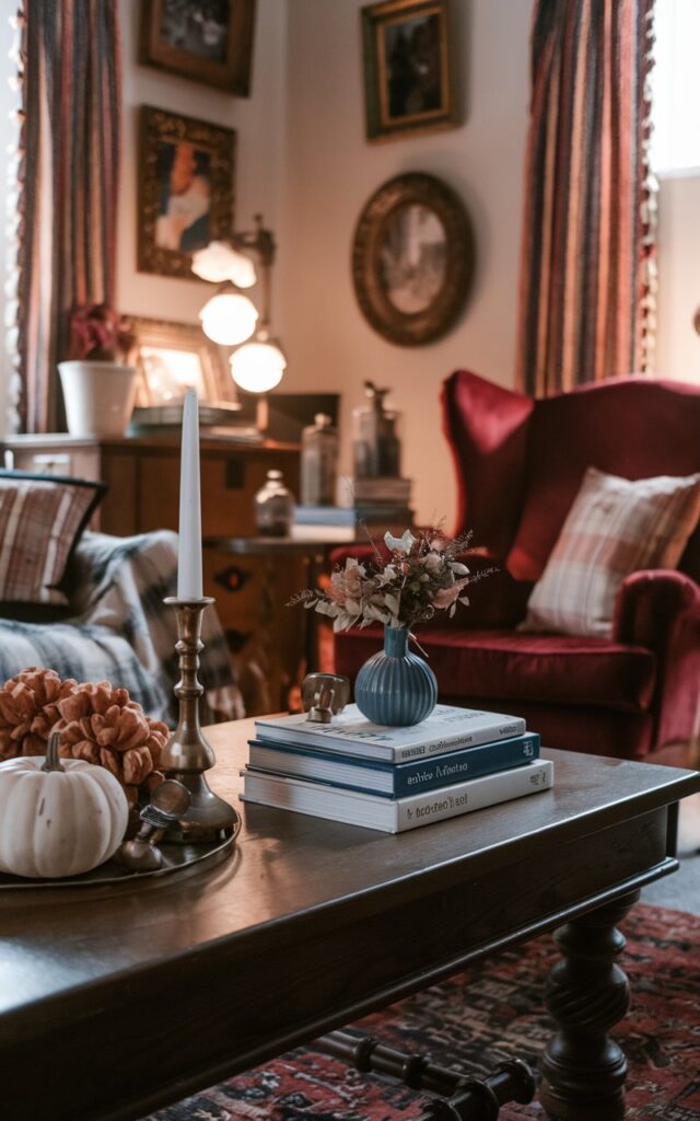 A photo of a vintage-style living room filled with character, charm, and cozy fall details. The room has antique furniture, ornate picture frames, layered textiles, and warm lighting. There's a wooden coffee table with a small stack of blue and white coffee table books. On top of the books, there's a fall decor - a small white pumpkin, a brass candleholder, and a tiny blue vase with dried florals. The walls have a few pieces of art with ornate frames. There's a plush red armchair and a rug on the floor. The room has a nostalgic glow.