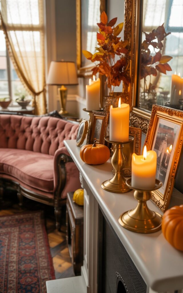 A vintage-style living room photograph capturing an elegantly decorated fireplace mantel from a straight-on angle, featuring three brass candleholders of varying heights holding flickering cream-colored candles that cast warm, layered shadows across the display. The mantel is adorned with miniature orange pumpkins, dried amber and rust-colored autumn leaves, ornate gilded picture frames, and polished brass accents that gleam in the candlelight's gentle glow. A plush tufted velvet sofa in deep burgundy sits prominently in the foreground, while an ornate gold-framed mirror reflects the warm light above the mantel, and a Persian-style patterned rug in rich jewel tones anchors the space. Soft golden sunlight filters through delicate lace-curtained windows, blending with the flickering candlelight to create a dreamy atmosphere of cozy nostalgia and timeless romantic elegance throughout the room's classic dark wooden furniture with intricate carved details.