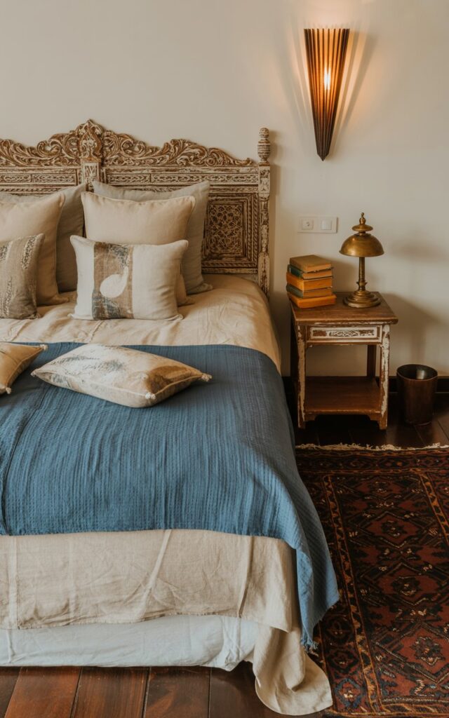 A photograph of a vintage Balinese bedroom centered around a queen-sized bed with intricately carved headboard and a statement wall sconce. The bed is draped in layered linen bedding – a cream-colored base layered with a textured indigo throw and several plush pillows adorned with subtle batik patterns. A small, antique wooden nightstand sits beside the bed, holding a vintage brass lamp and a stack of aged books, while a richly patterned rug grounds the scene, connecting it to the dark wood flooring. Warm, inviting light from the wall sconce illuminates the room, casting gentle shadows that highlight the natural textures and antique details, creating a serene atmosphere.