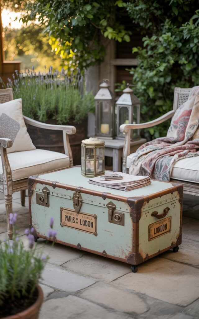 A photograph of a weathered vintage trunk serving as a rustic coffee table on a charming patio. The trunk, painted a faded cream color with ornate brass details and antique luggage labels reading "Paris" and "London", sits centered in the frame, revealing glimpses of neatly folded blankets within its open lid. Surrounding the trunk are two distressed wooden armchairs and a cushioned loveseat draped with soft, patterned throws, while vintage lanterns and potted lavender surround the space, bathed in the soft glow of the late afternoon sun. The scene evokes a sense of nostalgic warmth and relaxation, perfect for enjoying "a quiet moment" outdoors.