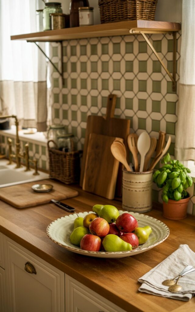 A photograph of a warm farmhouse-style kitchen featuring a distinctive geometric patterned backsplash in soft sage green and cream tiles as the central focal point. On the butcher block countertop, an elegant shallow ceramic bowl in creamy white holds a artful arrangement of glossy red apples and vibrant green pears, their natural colors creating a beautiful contrast against the neutral palette. Surrounding the fruit bowl are carefully arranged kitchen essentials: a well-worn wooden cutting board, a rustic ceramic utensil holder filled with wooden spoons, a small terracotta pot with fresh basil, and a neatly folded cream linen towel. Soft natural light filters through gauzy white curtains at the window, casting gentle shadows that highlight the rich textures of reclaimed wood shelving, vintage brass cabinet handles, and the deep farmhouse sink, while woven baskets and displayed mason jars complete this cozy, lived-in kitchen sanctuary.