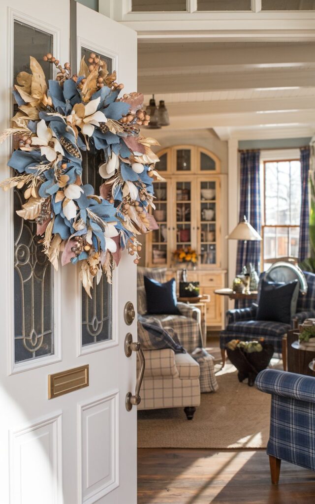 A photo of a welcoming front door adorned with a stunning blue and white fall wreath featuring subtle gold accents and natural textures like dried leaves and small berries. The door opens to reveal a warm Americana-style living room filled with cozy, classic charm — vintage-inspired furniture, plaid textiles, and rustic wood details. The space includes a mix of deep blues, creams, and warm neutrals. Soft afternoon light spills through the entryway, creating an inviting, nostalgic glow. The overall mood feels timeless, welcoming, and full of seasonal warmth.
