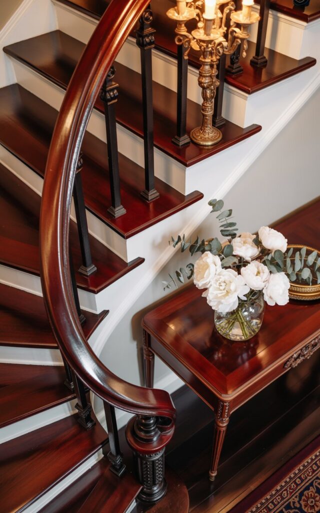 A close-up top view photograph of an elegant staircase showcasing rich dark mahogany wooden treads with pristine white painted risers. The curved handrail features intricate ornate carved details and polished brass accents, creating a sophisticated traditional aesthetic. A classic patterned runner in deep burgundy and gold tones flows down the center of each step, while an antique mahogany console table below holds a crystal vase filled with white peonies and eucalyptus. Warm ambient lighting from a vintage brass chandelier casts a golden glow across the glossy wood surfaces, highlighting the grain patterns and creating elegant shadows along the staircase's architectural curves.