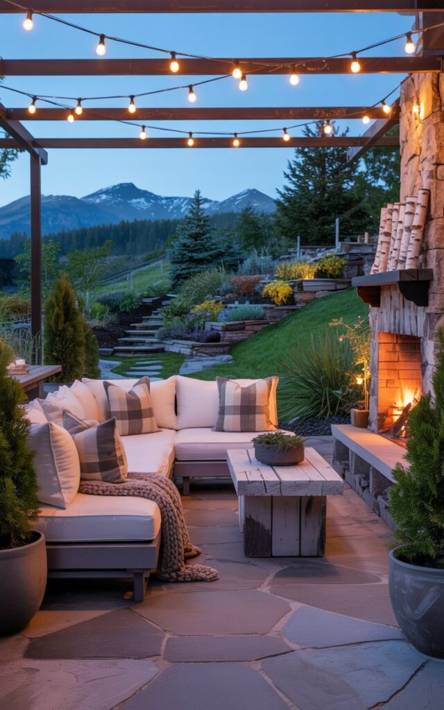 A photograph of a meticulously designed backyard patio bathed in the soft glow of dusk. A plush, cream-colored sectional sofa with chunky knit throws sits centered on the stone patio, facing a crackling stone fireplace with a birch log arrangement. String lights woven through the pergola overhead cast a warm, diffused light, highlighting the texture of the rough-hewn wooden table and potted alpine evergreens framing the space. Beyond the patio, a terraced garden spills down the hillside, its lush greenery fading into the muted twilight sky and distant, snow-capped mountain peaks.