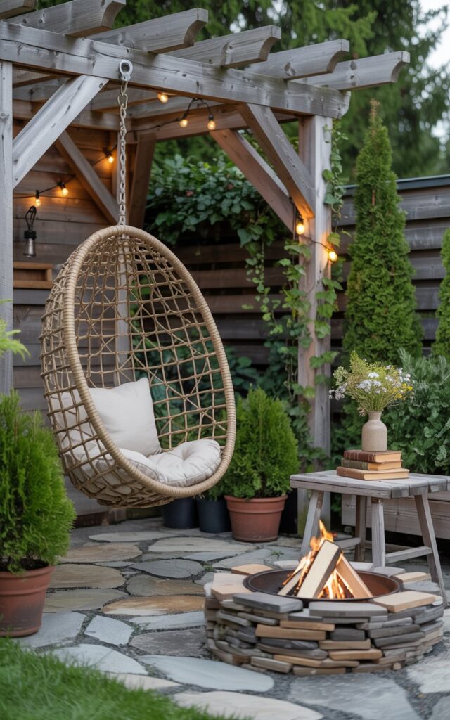 A photograph of a cozy backyard patio blending Alpine charm with modern design. A plush, woven hammock chair with a cream-colored cushion hangs beneath a rustic wooden pergola, accented with climbing ivy. A small, weathered wooden table sits nearby, holding a stack of leather-bound books and a ceramic bottle filled with wildflowers, arranged near a crackling firepit constructed from stacked river stones. The patio’s natural stone flooring is surrounded by lush potted evergreens and softly illuminated by warm string lights, creating an inviting atmosphere.