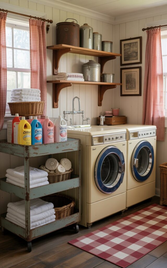 A photograph of a charming Americana-style laundry room bathed in soft, diffused light. The room centers on a vintage washing machine and dryer set, their creamy enamel surfaces accented with navy blue trim. A weathered rolling cart beside them overflows with neatly stacked white towels, colorful detergent boxes, and delicate dryer sheets, while rustic wooden shelves showcase antique tin containers and enamelware. A red-and-white checkered rug anchors the space, and checked curtains frame a window, enhancing the room’s cozy and inviting ambiance.