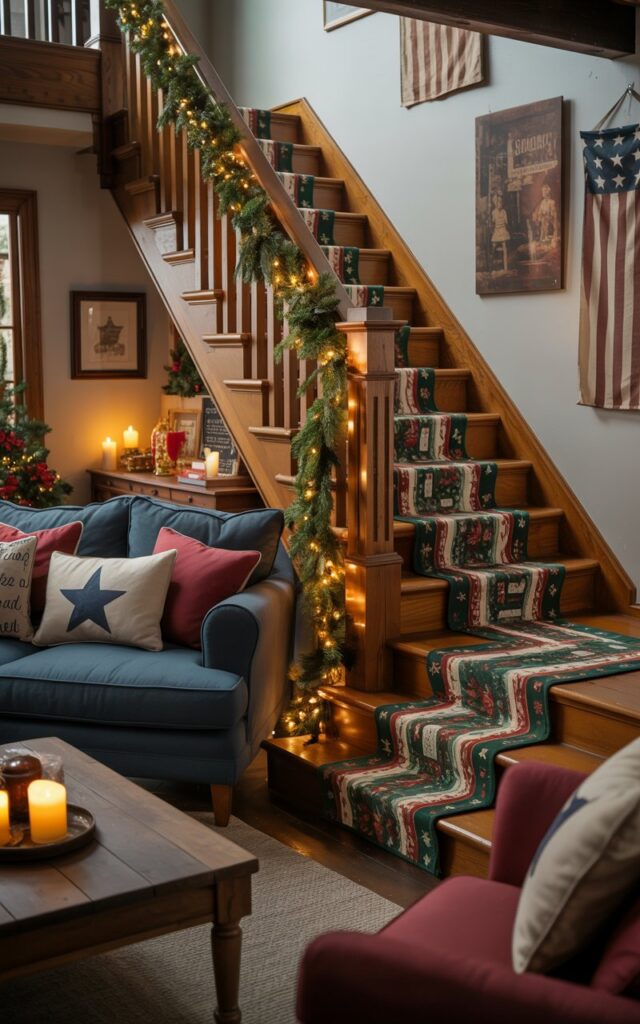 A cozy Americana-style living room showcasing a wooden staircase adorned with festive Christmas decorations as the central focal point. The staircase features a beautiful holiday runner with traditional red, green, and white patterns flowing down each step, while lush evergreen garlands intertwined with warm white string lights gracefully drape along the wooden banister and accent the staircase wall. The surrounding living space displays classic Americana charm with deep navy and burgundy plush sofas, distressed wooden coffee tables, and subtle patriotic touches like vintage star-spangled throw pillows and rustic Americana wall art. Soft amber candlelight flickers from various surfaces while warm ambient lighting bathes the entire scene in a golden glow, creating an inviting holiday atmosphere that perfectly blends patriotic pride with festive Christmas spirit.