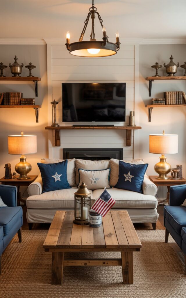A photograph of a cozy Americana-style living room showcasing perfect symmetry with matching wooden side tables flanking a comfortable beige linen sofa. The sofa is adorned with navy blue throw pillows featuring subtle star patterns, while two identical table lamps with cream fabric shades provide warm ambient lighting from each side table. A rustic reclaimed wood coffee table sits centered on a braided jute rug, topped with vintage brass lanterns and a small American flag in a mason jar. The room features navy blue accent chairs, distressed wooden wall shelves displaying antique books and pewter accessories, and a large flat-screen TV mounted above a white shiplap fireplace mantel, with a wrought iron pendant light casting a gentle glow from the ceiling.
