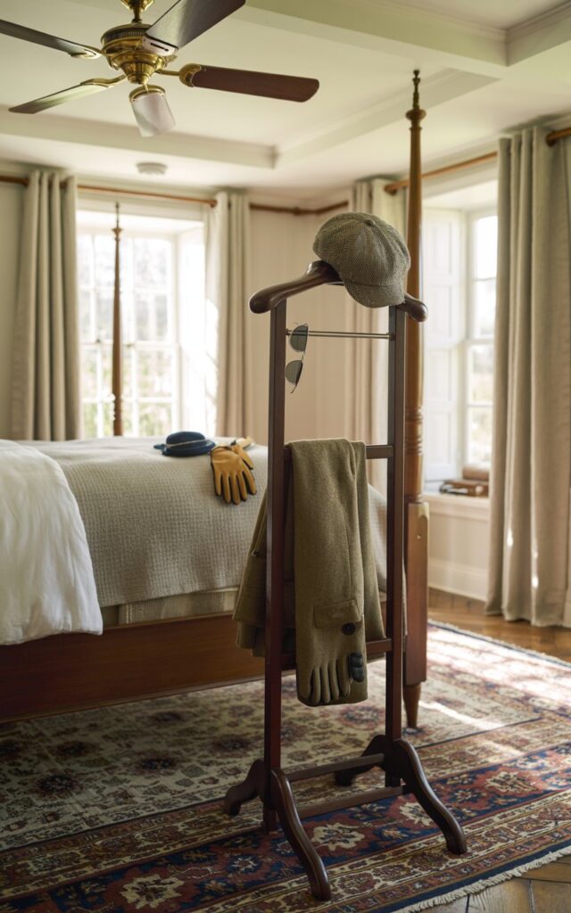 A photograph of a meticulously organized English countryside bedroom with a dark wood valet stand positioned in the corner near a four-poster bed. The valet stand holds a tweed flat cap, a pair of leather gloves, and classic aviator sunglasses; a neatly folded wool coat rests on the stand's lower bar. Sunlight streams through linen curtains, illuminating the layered bedding of the bed - a white duvet, a soft gray blanket, and a scattering of textured pillows - while a plush patterned rug anchors the room’s warm tones. The coved ceiling with a vintage brass ceiling fan and subtle country-style accents create a charming and inviting atmosphere.