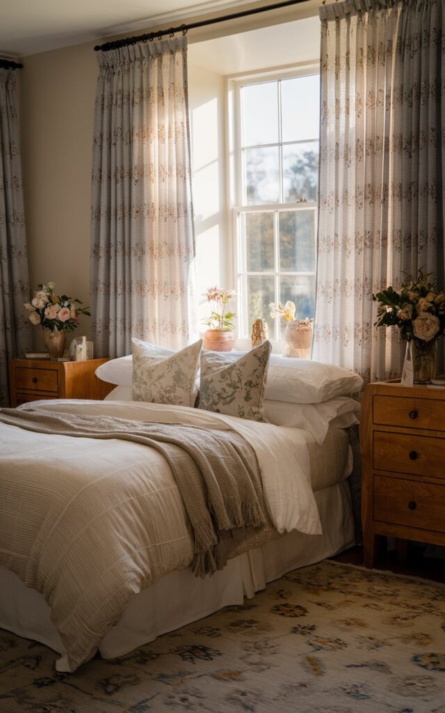 A photo of a morning-lit English countryside bedroom with a cozy bed, wooden nightstands, and classic decor. The room has sheer, embroidered curtains on the window, which softly filter the morning sunlight. The warm natural light illuminates the space, highlighting the textured bedding, a patterned rug, and subtle floral accents. The room feels airy, charming, and inviting, with traditional English countryside styling.