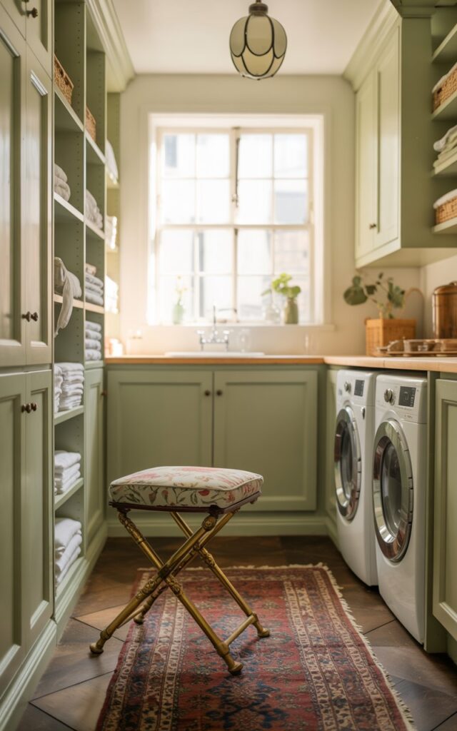 A photograph of a charming laundry room blending English countryside aesthetics with a touch of glamour. A small, antique foldable stool with ornate brass legs and a delicately patterned floral cushion sits invitingly near a tall, linen-filled shelf. The room boasts pastel green cabinetry, a modern white washer and dryer, and a faded Persian rug anchoring the space, bathed in the soft glow of a vintage-style pendant light. Natural light streams through a nearby window, highlighting the subtle textures and creating a warm, inviting atmosphere.