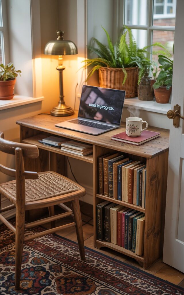 A photograph of a cozy English countryside-inspired home office nestled within a charming entryway. The focal point is a rustic wooden desk adorned with a silver laptop displaying "WORK IN PROGRESS" and a steaming ceramic mug with a delicate floral pattern, alongside a vintage brass lamp casting a warm glow. Beside the desk, a miniature bookshelf filled with leather-bound books and colorful notebooks sits on a patterned Persian rug, anchoring the space and inviting a sense of scholarly tranquility. Soft sunlight streams in through a nearby window illuminating the room and highlighting a few potted ferns and a woven basket adding warmth and texture to the intimate and functional nook.