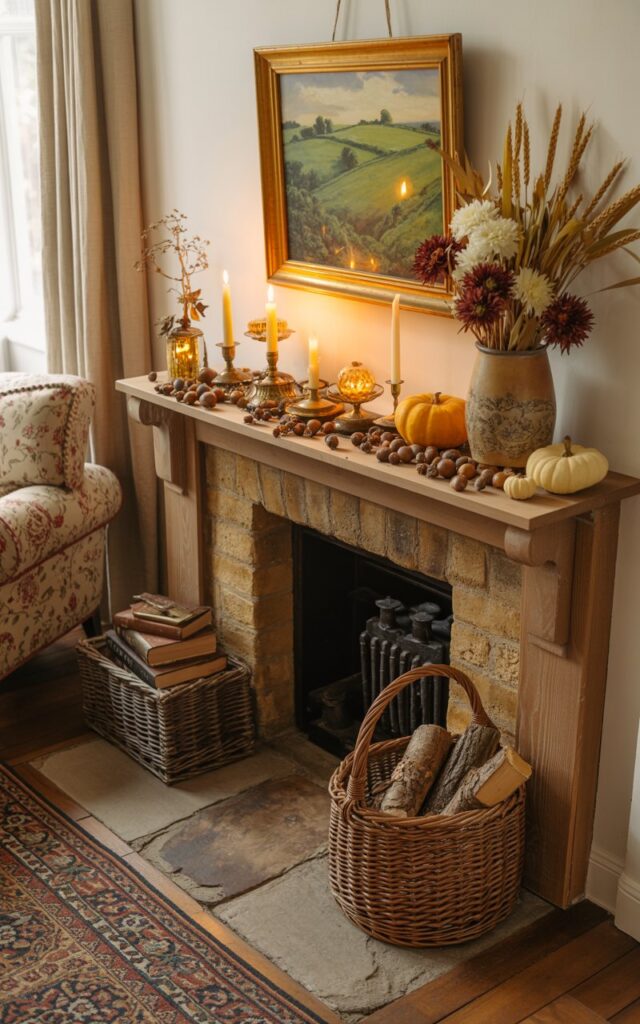 A photograph of a charming English countryside living room with a beautifully decorated mantel as the focal point, adorned with flickering candles in antique brass and amber glass holders, scattered oak acorns, and delicate miniature pumpkins in soft cream and muted orange hues. The mantel display is completed with a small stack of leather-bound vintage books, a ceramic vase filled with dried wheat stalks and burgundy chrysanthemums, and a gilt-framed oil painting of rolling green hills. Below, the fireplace features a rustic Cotswold stone surround, with a woven wicker basket filled with split logs positioned nearby on worn flagstone flooring. The room is bathed in golden afternoon light streaming through linen curtains, illuminating rich textures of faded floral chintz upholstery, weathered oak beams, and a well-loved Persian rug in deep jewel tones.