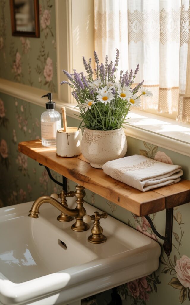 A photograph of a charming English countryside bathroom featuring a small reclaimed wood ledge mounted above a white porcelain pedestal sink. The ledge displays carefully arranged essentials: a clear glass soap dispenser, a delicate ceramic vase filled with purple lavender and white daisies, a cream-colored ceramic toothbrush holder, and a neatly folded ivory linen hand towel. The walls are adorned with soft floral wallpaper in muted roses and sage green, complemented by warm brass faucet fixtures and vintage-style brass towel hooks. Gentle morning sunlight streams through a lace-curtained window, casting soft shadows and illuminating the warm honey-toned wood and delicate textures throughout the space.