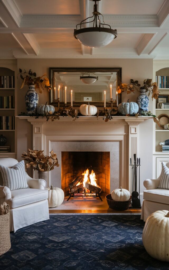 A photo of an English countryside-style living room with a warm, inviting ambiance and classic fall charm. In front of the fireplace, a navy plush patterned throw rug anchors the space, adding depth and coziness. The mantel above is decorated with elegant fall decor — white pumpkins, blue ceramic vases, candles, and touches of dried foliage. The room features timeless furniture in neutral tones, a detailed ceiling with a pendant light, and soft lighting that reflects off the polished surfaces. A crackling fire adds a golden glow, highlighting the rich textures and the sophisticated blue-and-white accents that make the room feel both lived-in and luxurious.