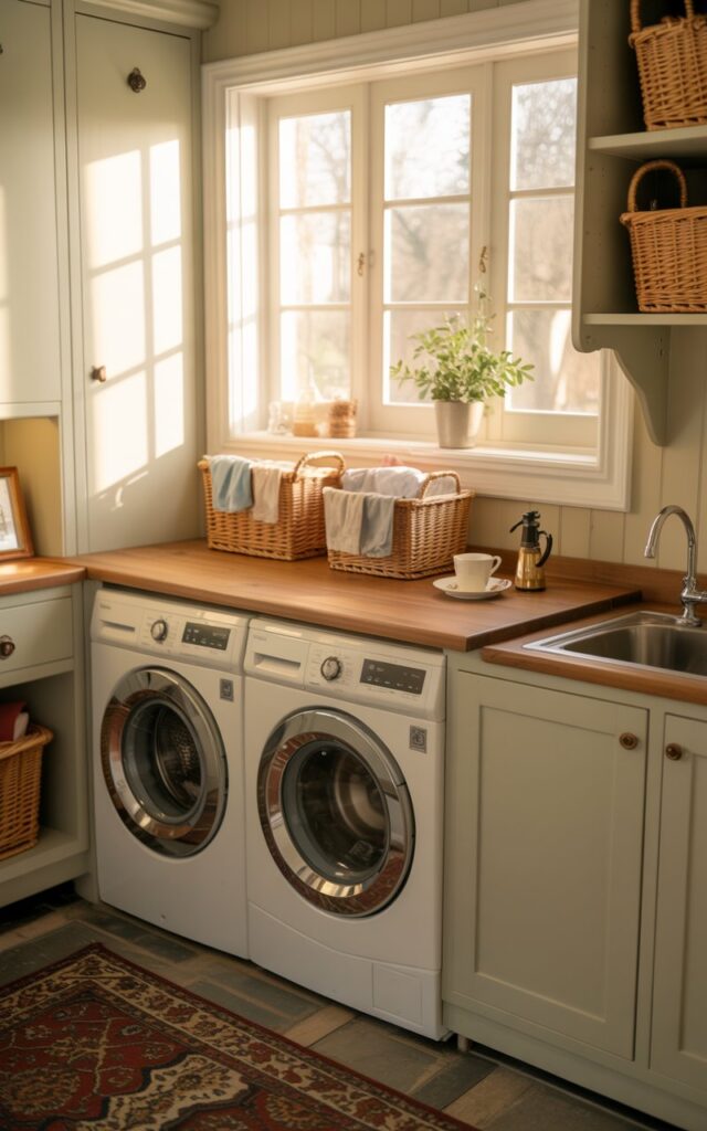 An English countryside–style laundry room featuring a sturdy wooden countertop installed above the washer and dryer. On the countertop, 1–2 small woven baskets hold neatly folded clothes and detergents, while a quaint coffee corner with a small cup, coffee essentials, and a tiny potted plant adds a cozy touch. The room has soft pastel cabinetry, a patterned floor rug, and sunlight streaming through paned windows, highlighting the warm, inviting atmosphere. Rustic accents like brass knobs and wicker baskets combine with elegant details for a space that’s both practical and charming, perfect for multitasking during laundry day.