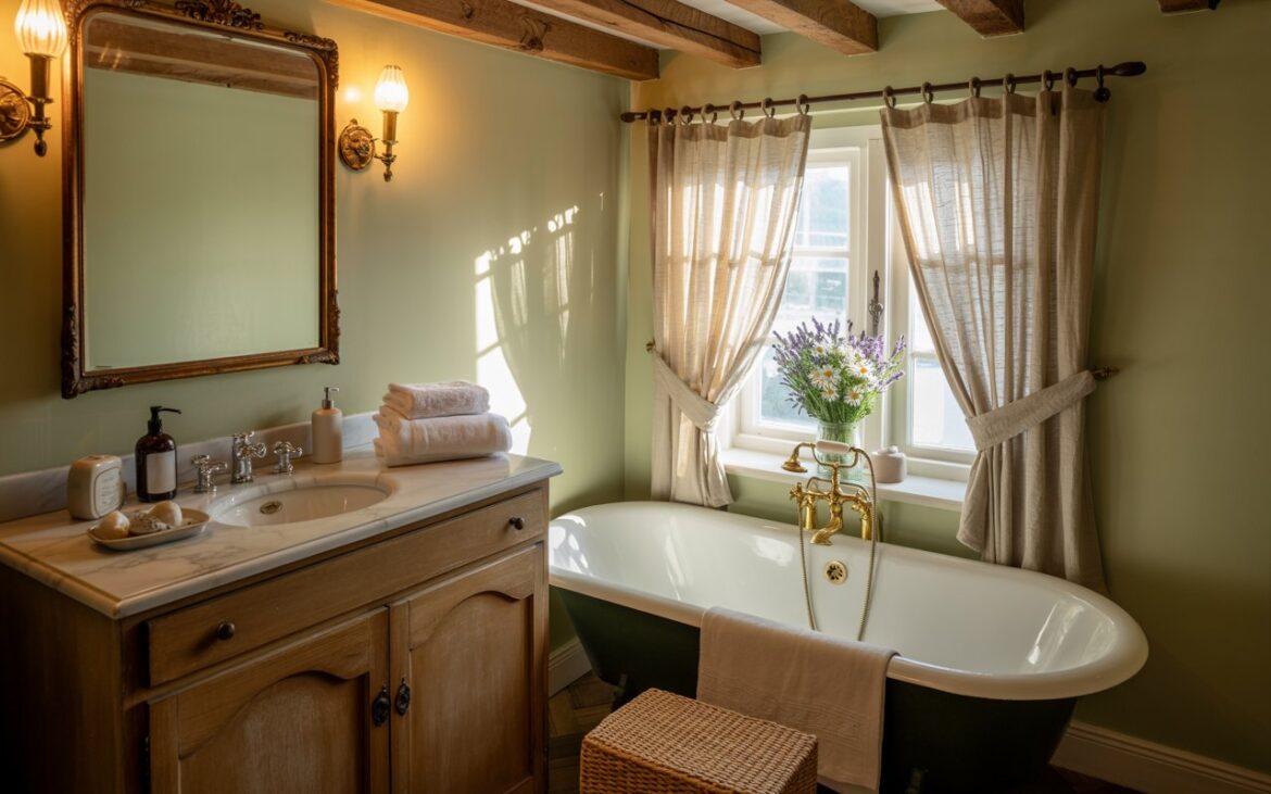 A photograph of an English countryside-style bathroom featuring a pristine white clawfoot bathtub positioned beneath exposed oak ceiling beams. The vintage wooden vanity displays a creamy marble countertop adorned with ceramic soap dispensers and neatly folded cream linen towels, while an ornate brass-framed mirror reflects the warm afternoon light. Soft natural light filters through sheer linen curtains, casting gentle shadows across sage green walls and illuminating a small vase of purple lavender and white daisies on the windowsill. A woven jute rug lies beside the bathtub, complementing the brass fixtures and creating an atmosphere of timeless elegance and peaceful countryside charm.