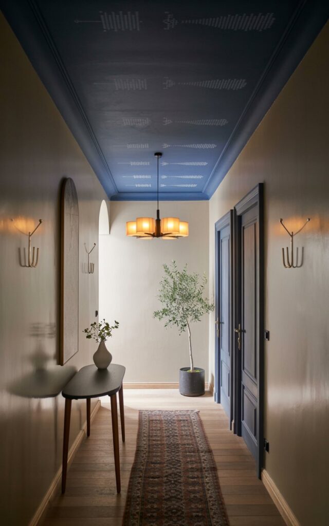 A photograph of an elegant alpine chic hallway centered on a striking navy-painted ceiling with subtle, repeating geometric prints. Below the ceiling, a modern chandelier with warm light illuminates a slender, dark wood console table holding a small ceramic vase of white flowers, with a patterned runner rug leading towards a set of dark wood doors. The hallway walls are painted a soft cream color, adorned with minimalist brass hooks, and a single potted olive tree adds a touch of natural greenery, all bathed in the soft glow of natural light filtering in from a hidden window. The contrasting ceiling color and warm lighting create a dramatic yet inviting atmosphere.