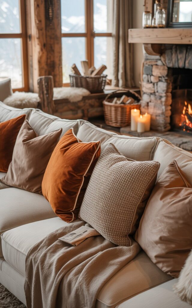 A photograph of an alpine chic living room showcasing a luxurious neutral-toned sofa adorned with carefully arranged textured pillows in rich rust, warm beige, and soft taupe hues. The pillows feature a mix of linen, velvet, and chunky knit materials that create visual depth and tactile warmth, while a cashmere throw blanket drapes elegantly across the sofa's arm. The room features exposed natural wood beams, a rustic stone fireplace with flickering flames, and expansive windows framed by linen curtains that filter crisp mountain sunlight across the space. Completing the sophisticated mountain retreat aesthetic are a plush sheepskin rug, woven baskets filled with firewood, and pillar candles casting a gentle amber glow throughout the elegantly appointed living area.
