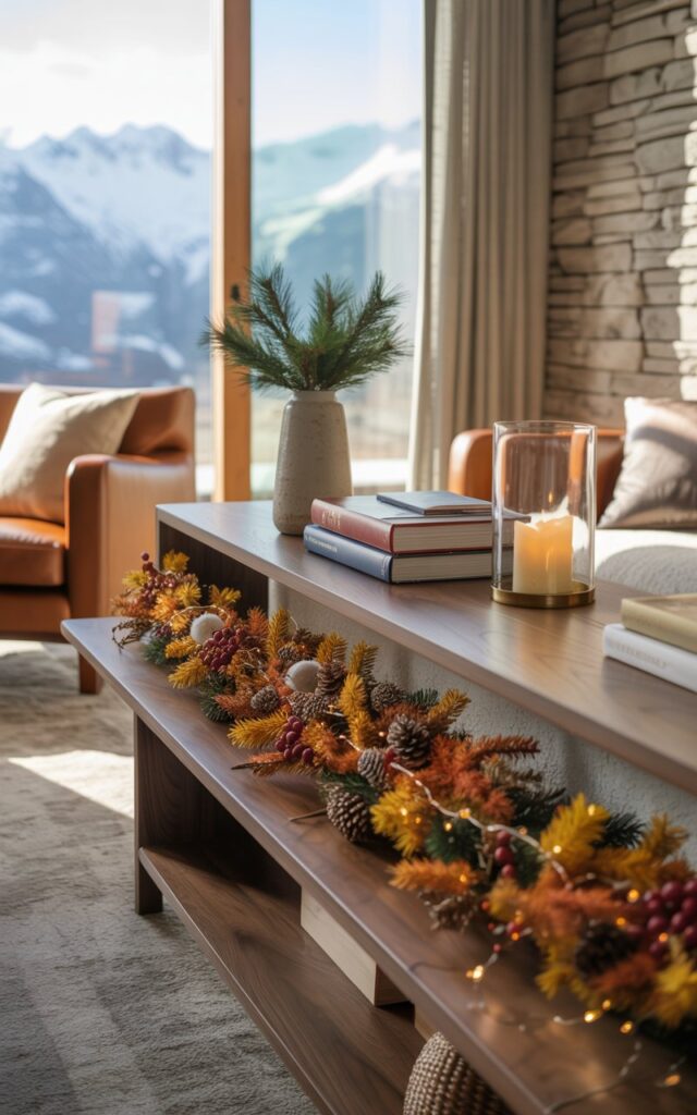 A photograph of an elegant alpine living room featuring a sleek walnut console table positioned against a textured stone accent wall. The table is adorned with a lush autumn garland in rich amber, rust, and golden hues, draped naturally across the surface and accented with small pinecones, burgundy berries, and delicate warm-white fairy lights that cast a gentle glow. On the console, a tall ceramic vase holds fresh evergreen branches, alongside a carefully stacked collection of leather-bound books and a flickering candle in a clear glass hurricane holder. The surrounding space showcases luxurious natural materials including a plush wool area rug, supple leather armchair, and floor-to-ceiling windows dressed in linen curtains that frame breathtaking snow-capped mountain vistas, all bathed in soft morning sunlight streaming through the glass.